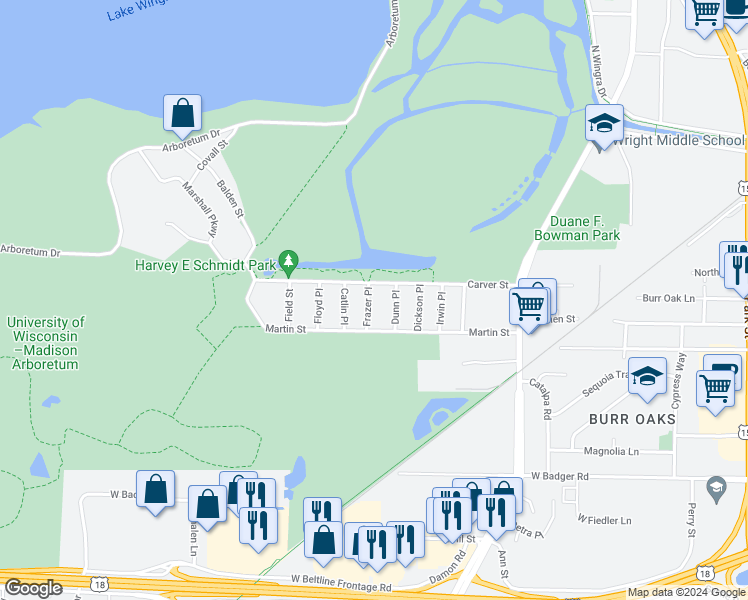 map of restaurants, bars, coffee shops, grocery stores, and more near 2013 Frazer Place in Madison