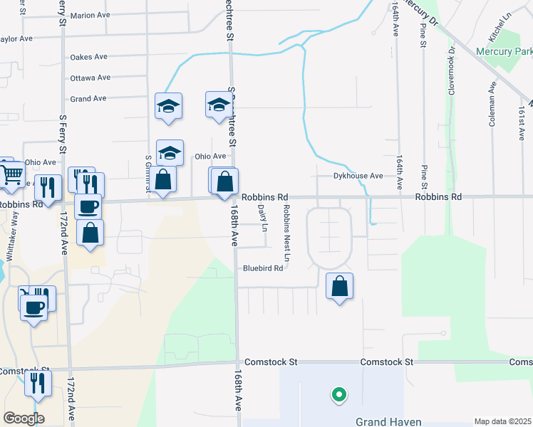 map of restaurants, bars, coffee shops, grocery stores, and more near 1523 Meadow Lane in Grand Haven