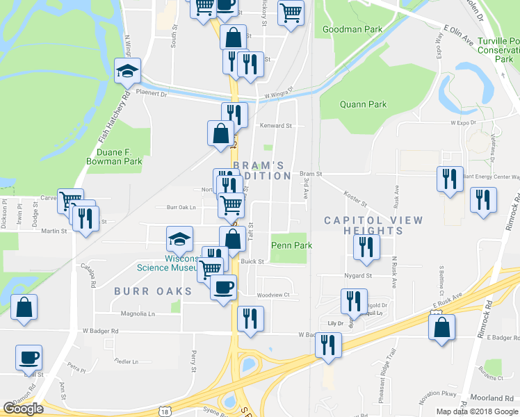 map of restaurants, bars, coffee shops, grocery stores, and more near 2001 Taft Street in Madison