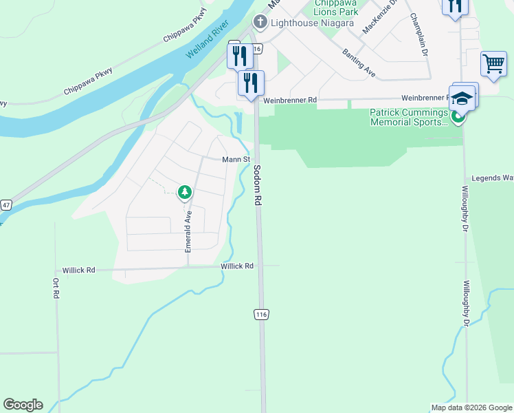 map of restaurants, bars, coffee shops, grocery stores, and more near 9234 Sodom Road in Niagara Falls