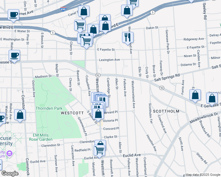 map of restaurants, bars, coffee shops, grocery stores, and more near 151 Cambridge Street in Syracuse