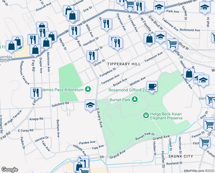 map of restaurants, bars, coffee shops, grocery stores, and more near 518 Bryant Avenue in Syracuse