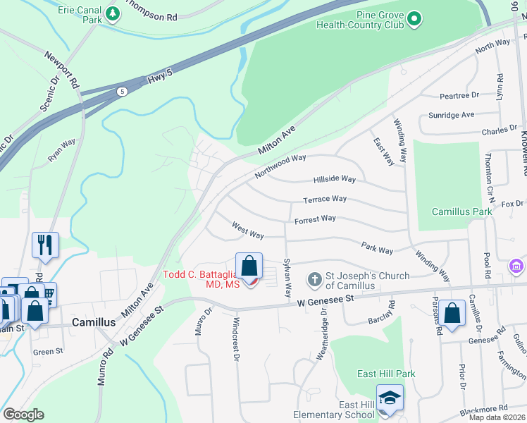 map of restaurants, bars, coffee shops, grocery stores, and more near 111 Forrest Way in Camillus