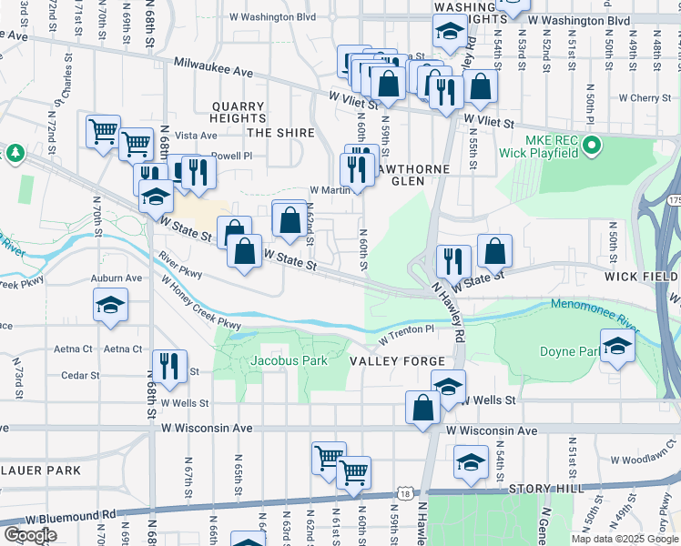 map of restaurants, bars, coffee shops, grocery stores, and more near 6100 West State Street in Wauwatosa