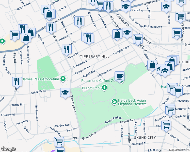 map of restaurants, bars, coffee shops, grocery stores, and more near 422-24 Whittier Avenue in Syracuse
