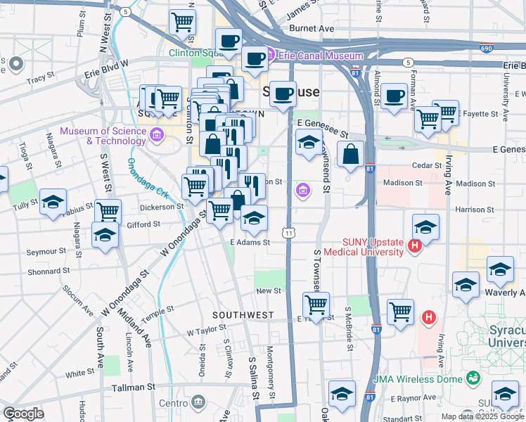 map of restaurants, bars, coffee shops, grocery stores, and more near 616 Montgomery Street in Syracuse