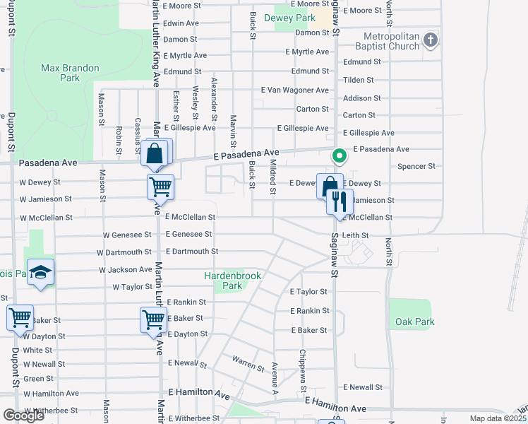 map of restaurants, bars, coffee shops, grocery stores, and more near 433 East McClellan Street in Flint