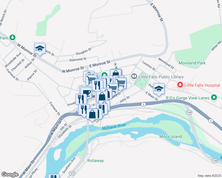 map of restaurants, bars, coffee shops, grocery stores, and more near 600 East Main Street in Little Falls
