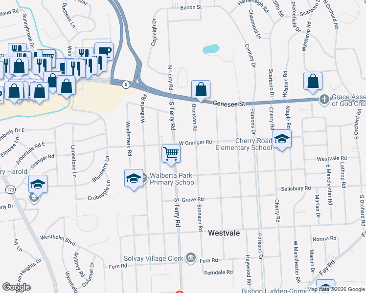 map of restaurants, bars, coffee shops, grocery stores, and more near 211 West Granger Road in Syracuse