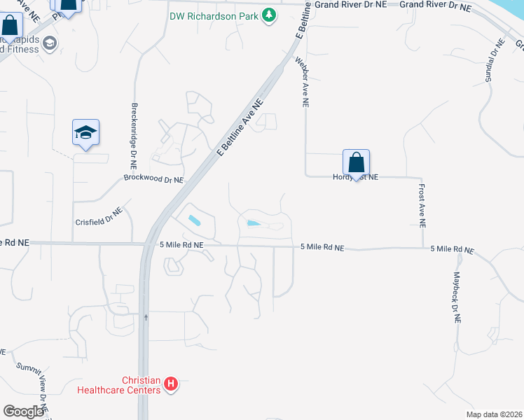 map of restaurants, bars, coffee shops, grocery stores, and more near 4480 Koinonia Court in Grand Rapids