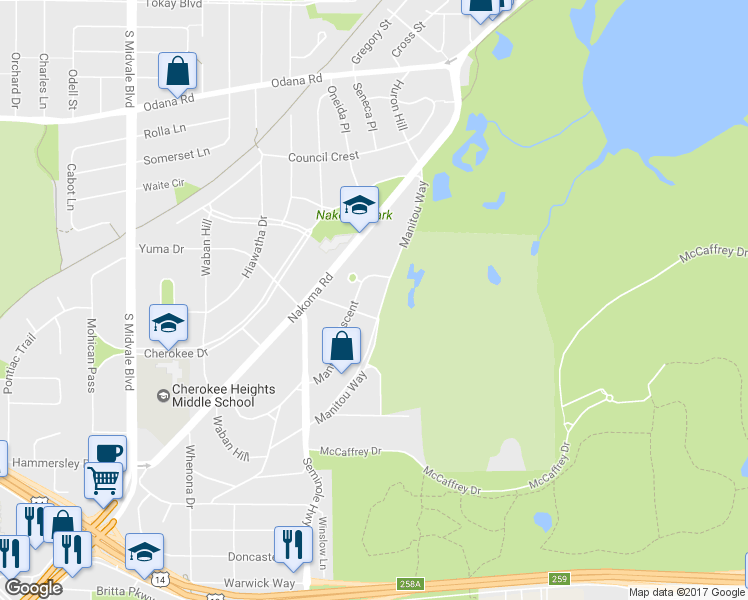map of restaurants, bars, coffee shops, grocery stores, and more near 4018 Manitou Way in Madison