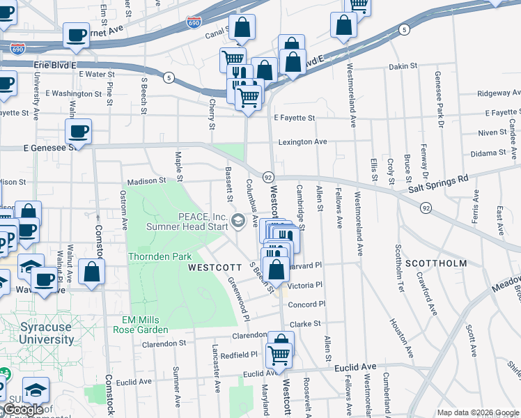map of restaurants, bars, coffee shops, grocery stores, and more near 203 Hawthorne Street in Syracuse