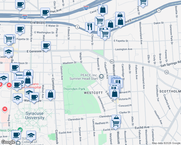 map of restaurants, bars, coffee shops, grocery stores, and more near 418 Cherry Street in Syracuse