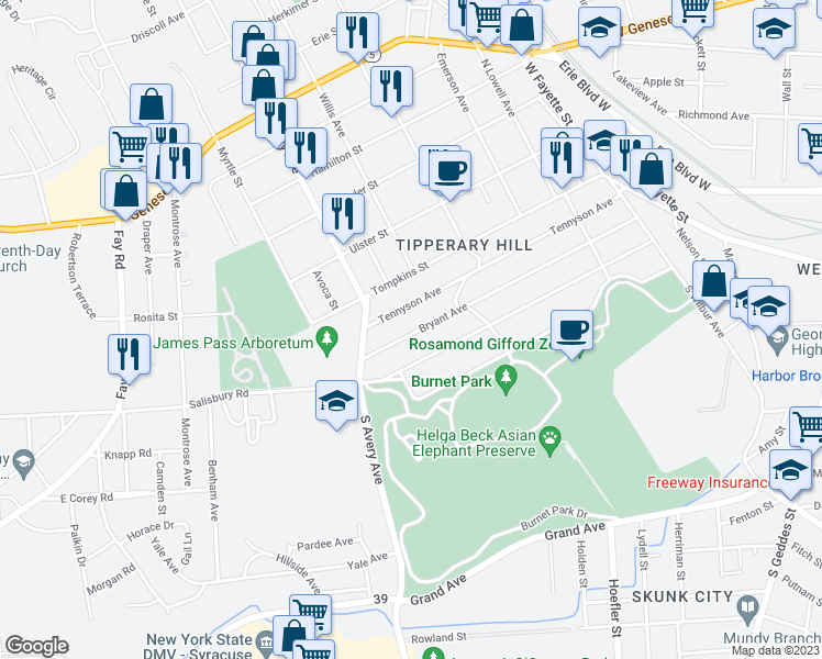 map of restaurants, bars, coffee shops, grocery stores, and more near 506 Bryant Avenue in Syracuse