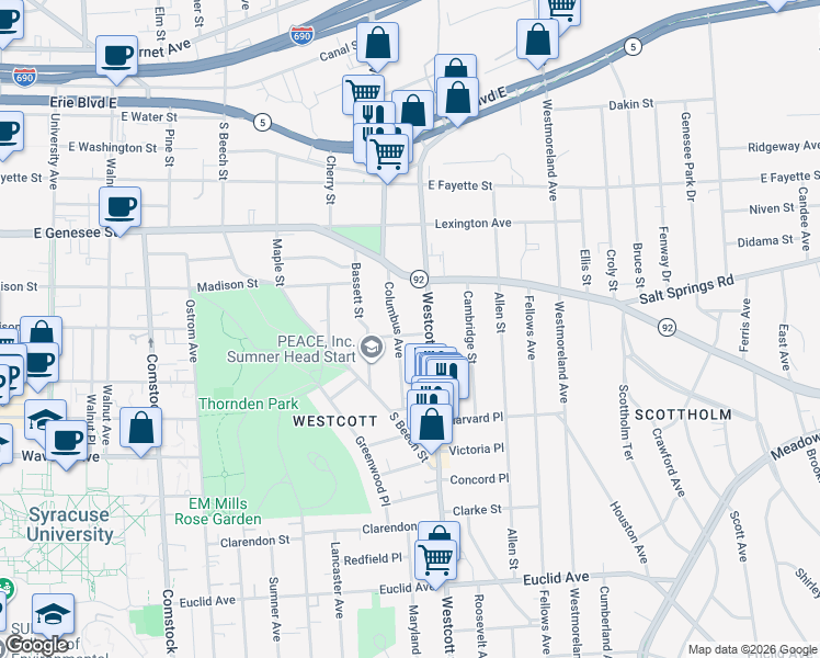 map of restaurants, bars, coffee shops, grocery stores, and more near 205 Hawthorne Street in Syracuse