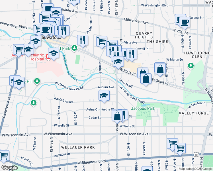 map of restaurants, bars, coffee shops, grocery stores, and more near 6910 Auburn Avenue in Wauwatosa