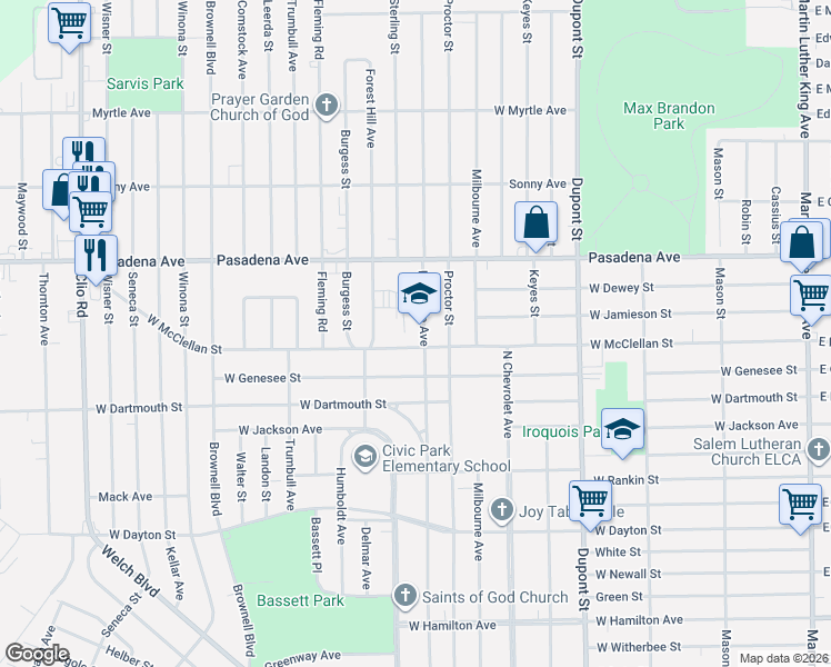map of restaurants, bars, coffee shops, grocery stores, and more near 3115 Lawndale Avenue in Flint