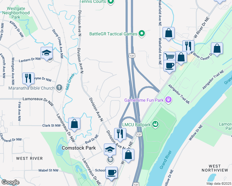 map of restaurants, bars, coffee shops, grocery stores, and more near 33 Blue Violet Lane in Comstock Park