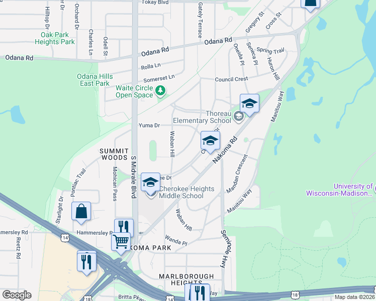 map of restaurants, bars, coffee shops, grocery stores, and more near 4137 Hiawatha Drive in Madison