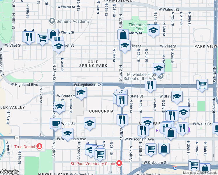 map of restaurants, bars, coffee shops, grocery stores, and more near 2823 West Highland Boulevard in Milwaukee