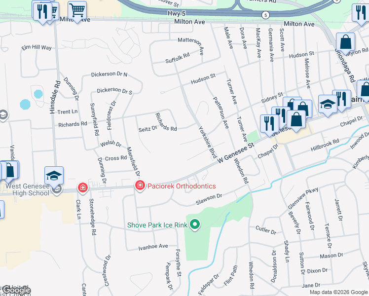 map of restaurants, bars, coffee shops, grocery stores, and more near 1211 Sidney Street in Syracuse