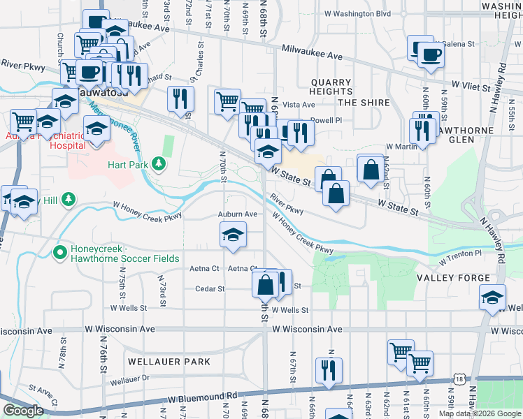 map of restaurants, bars, coffee shops, grocery stores, and more near 6802 Auburn Avenue in Wauwatosa
