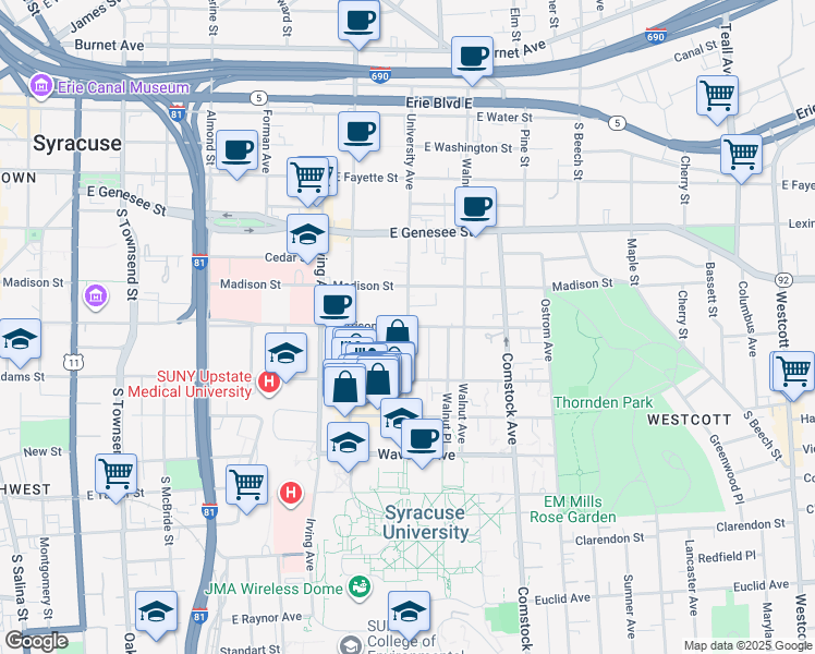 map of restaurants, bars, coffee shops, grocery stores, and more near Harrison St & University Ave in Syracuse