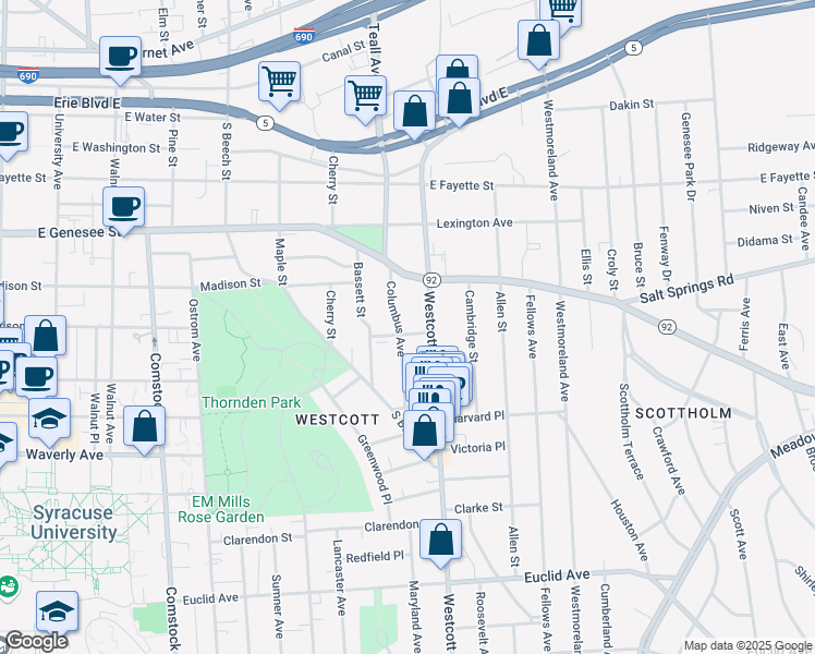 map of restaurants, bars, coffee shops, grocery stores, and more near 203 Hawthorne Street in Syracuse