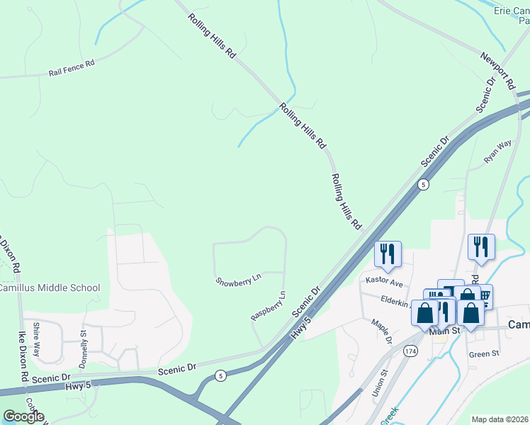 map of restaurants, bars, coffee shops, grocery stores, and more near 138 Raspberry Ln in Camillus