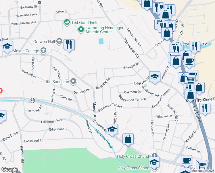 map of restaurants, bars, coffee shops, grocery stores, and more near 231 Ridgecrest Road in Syracuse