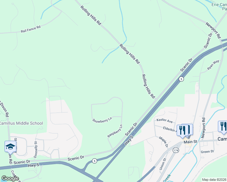 map of restaurants, bars, coffee shops, grocery stores, and more near 138 Raspberry Lane in Camillus