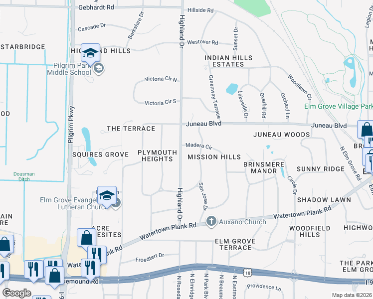 map of restaurants, bars, coffee shops, grocery stores, and more near 1145 Madera Circle in Elm Grove