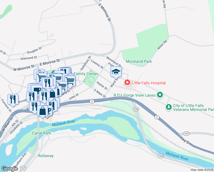 map of restaurants, bars, coffee shops, grocery stores, and more near 44 Petrie Street in Little Falls