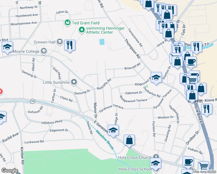 map of restaurants, bars, coffee shops, grocery stores, and more near 231 Ridgecrest Road in Syracuse