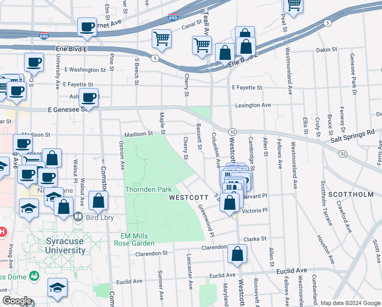 map of restaurants, bars, coffee shops, grocery stores, and more near 523 South Beech Street in Syracuse