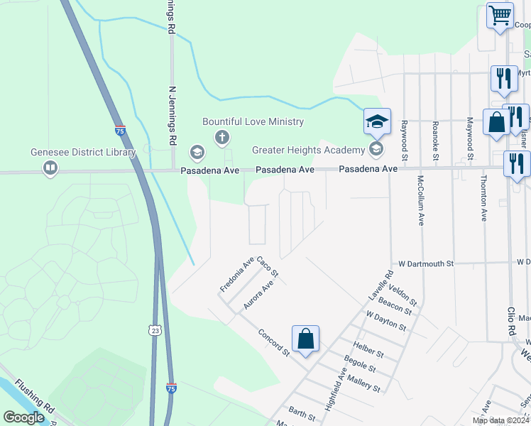 map of restaurants, bars, coffee shops, grocery stores, and more near 3379 Pasadena Avenue in Flint