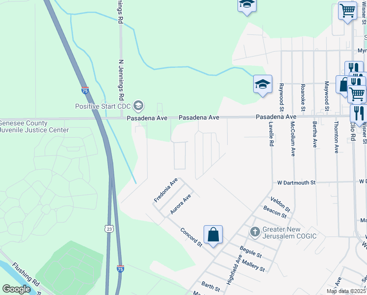 map of restaurants, bars, coffee shops, grocery stores, and more near 3379 Pasadena Avenue in Flint