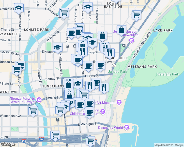 map of restaurants, bars, coffee shops, grocery stores, and more near 812 East State Street in Milwaukee