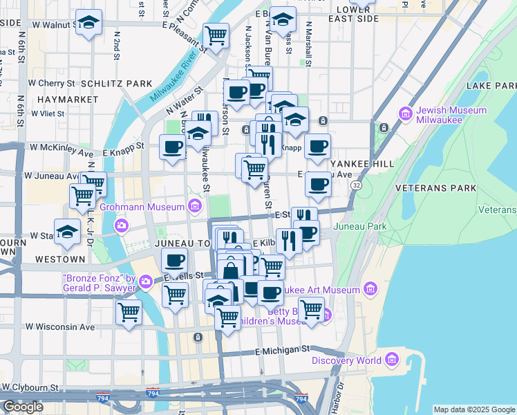 map of restaurants, bars, coffee shops, grocery stores, and more near 610 East State Street in Milwaukee