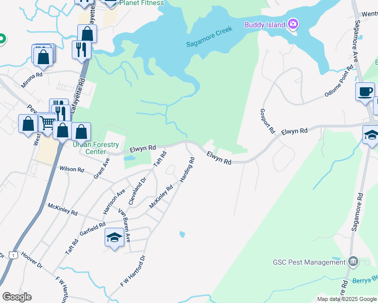 map of restaurants, bars, coffee shops, grocery stores, and more near 5 Harding Road in Portsmouth