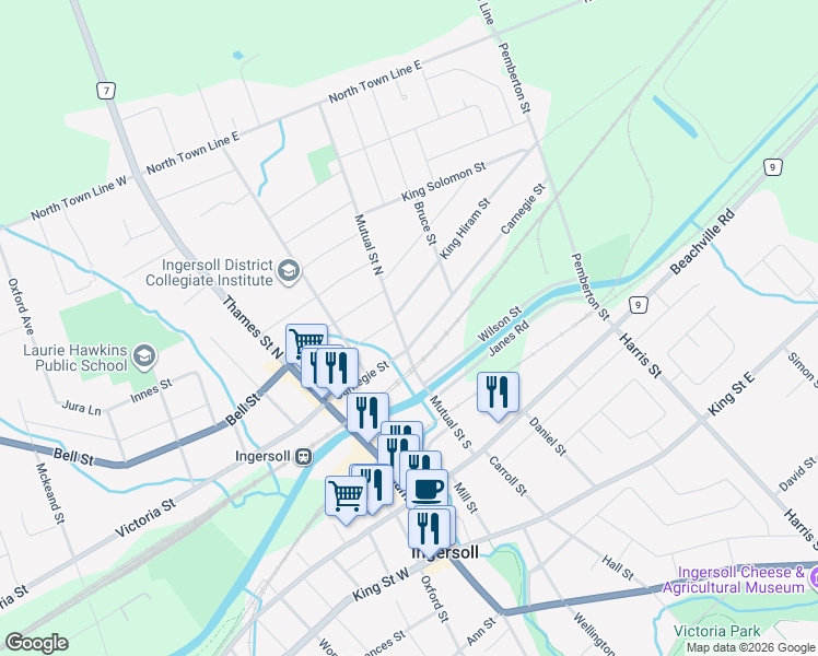 map of restaurants, bars, coffee shops, grocery stores, and more near 97 Carnegie Street in Ingersoll