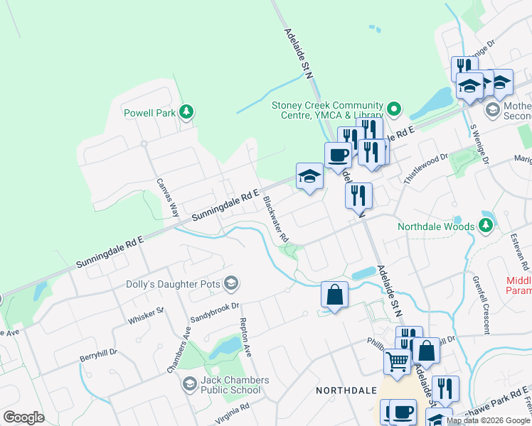 map of restaurants, bars, coffee shops, grocery stores, and more near 2215 Blackwater Road in London