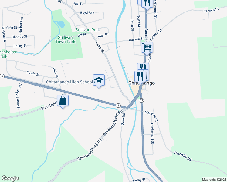 map of restaurants, bars, coffee shops, grocery stores, and more near 127 Lake Street in Chittenango