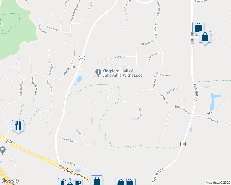 map of restaurants, bars, coffee shops, grocery stores, and more near 36 Neuchatel Lane in Fairport
