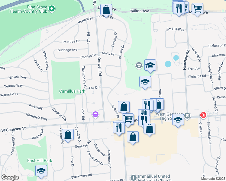 map of restaurants, bars, coffee shops, grocery stores, and more near 11 Kenmont Drive in Camillus