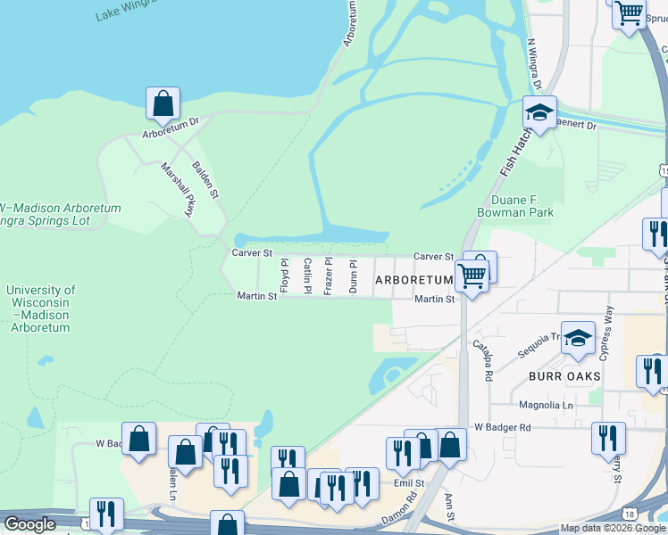 map of restaurants, bars, coffee shops, grocery stores, and more near 2013 Frazer Place in Madison