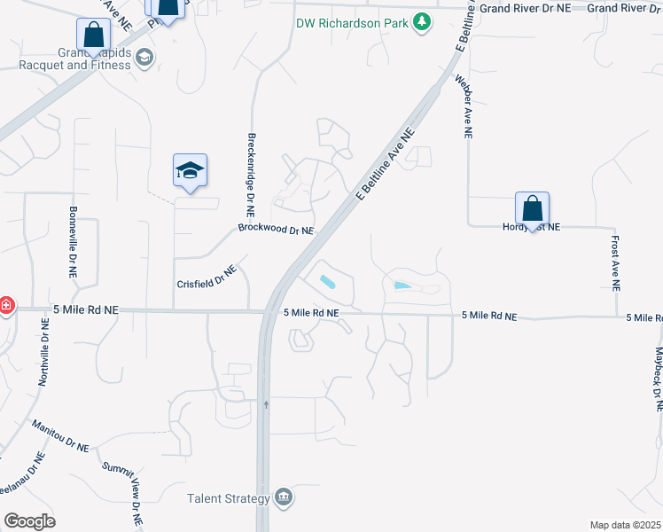 map of restaurants, bars, coffee shops, grocery stores, and more near 3352 Woodwind Drive Northeast in Grand Rapids