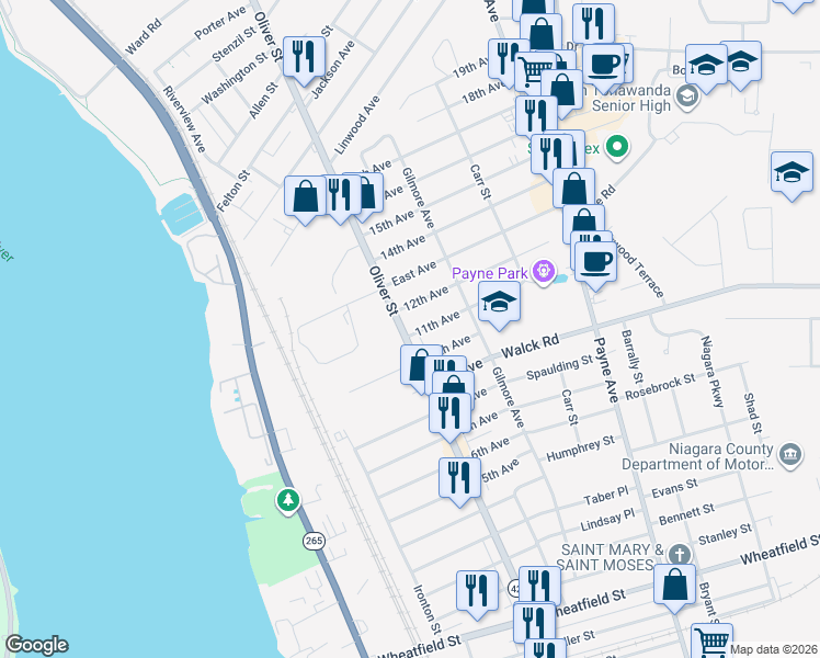 map of restaurants, bars, coffee shops, grocery stores, and more near 819 Oliver Street in North Tonawanda