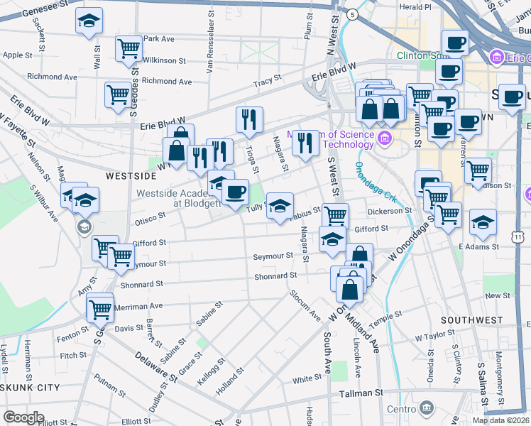 map of restaurants, bars, coffee shops, grocery stores, and more near 404 Tioga Street in Syracuse