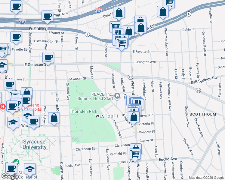 map of restaurants, bars, coffee shops, grocery stores, and more near 140 Bassett Street in Syracuse